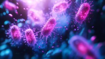 A cluster of vibrant bacteria is seen actively reproducing in a deep aquatic setting, illuminated by soft violet and blue light, creating a striking contrast against the dark backdrop. photo