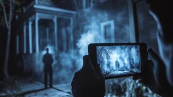 A person stands outside an old, abandoned house, capturing a shadowy figure with a smartphone while fog envelops the setting, creating a mysterious atmosphere under the night sky. photo