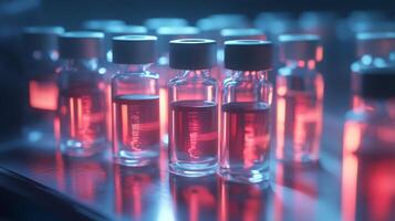 Several glass vials filled with a red liquid are lined up on a reflective surface. The vials are illuminated by blue and red light, creating a striking contrast photo