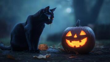 debajo un brumoso otoño cielo, un negro gato se sienta en silencio, curioso atentamente a un tallado jack-o'-lantern. el de calabaza parpadeando ligero conjuntos un misterioso tono para Víspera de Todos los Santos. foto
