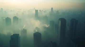 A dense fog blankets a city at dawn, obscuring the skyline while revealing the outlines of tall buildings. Smoke rises from various structures, adding a mysterious ambiance to the urban environment. photo