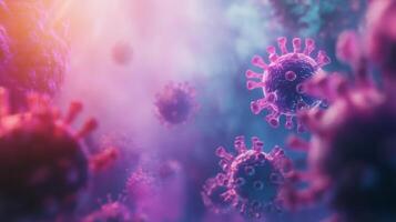 Close-up view of vibrant coronavirus cells depicted against a softly illuminated background, showcasing the intricate structure and details of the viral particles in a laboratory setting. photo