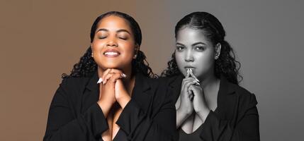The young woman demonstrates her confidence while posing with a serene expression, hands clasped in front of her. She appears to be engaged in a reflective moment photo