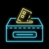 Neon sign representing ballot paper dropping in ballot box on black background vector