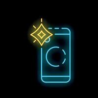 Neon mobile phone taking picture icon glowing on black background vector