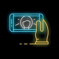 Hand holding smartphone with user protected by shield neon sign on black background vector