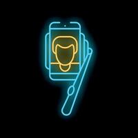 Neon icon of smartphone taking selfie with extendable monopod vector