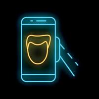 Neon glowing smartphone showing customer using face id for payment at gas station vector