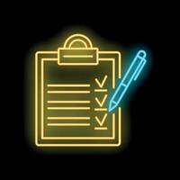 Neon yellow checklist with check marks and pen on black background vector
