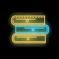 Glowing neon sign depicting stack of three books with bookmarks on black background vector