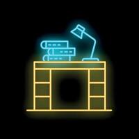 Neon sign of desk with books and lamp illuminating workspace vector