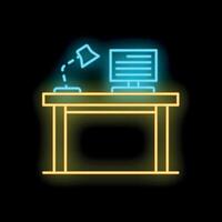 Neon office desk with computer and lamp illustration on black background vector