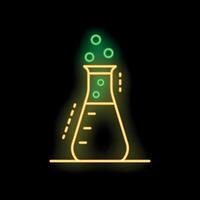 Neon icon of chemical flask releasing bubbles representing scientific experiment vector