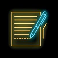 Neon icon of pen signing contract document on black background vector