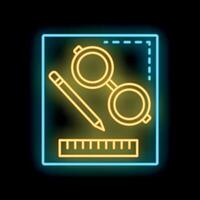 Neon icon of drawing tools on graphic tablet with ruler, pencil and glasses vector