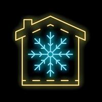 Neon glowing sign of a house with a snowflake inside, representing winter, cold and holidays vector