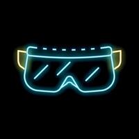 Blue neon sign safety goggles icon glowing on black background vector