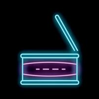 Glowing neon line opened tin can with key on black background vector