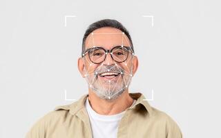 A smiling older man wears glasses, with a facial recognition grid overlay, set against a simple light background. photo