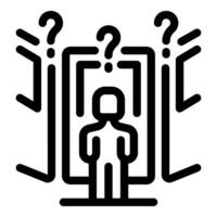 Man choosing between three doors with question marks representing difficult decision vector