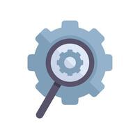 Magnifying glass examining a gear in problem solving concept vector