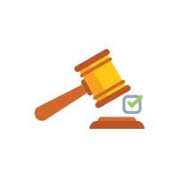 Judge's gavel striking sound block with green check mark symbol beside it vector