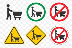 Walking human figure with shopping cart icon symbol set. Stick man people and store cart logo sign. No, Not allowed, Prohibition, Prohibited. illustration image. Isolated on white background. vector