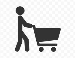 Walking human figure with shopping cart icon symbol. Stick man people and store cart logo sign. No, Not allowed, Prohibition, Prohibited. illustration image. Isolated on white background. vector