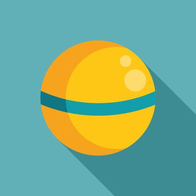 Yellow rubber ball for playing with a blue stripe casting a shadow on a blue background