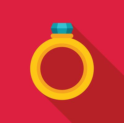 Golden ring with blue gemstone on red background with shadow