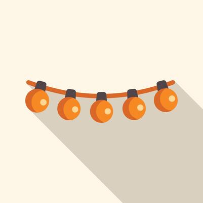Orange string lights hanging on a cable with long shadow