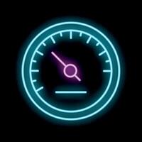 Neon sign representing speedometer showing progress on black background vector