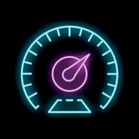 Neon sign representing speedometer showing progress on black background vector
