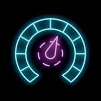 Neon sign representing speedometer showing increasing speed on black background vector