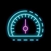 Neon icon of speedometer showing increasing speed on black background vector