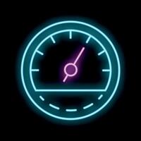 Neon icon of speedometer showing increasing speed on black background vector