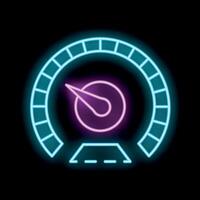 Neon icon of speedometer showing increasing speed on black background vector