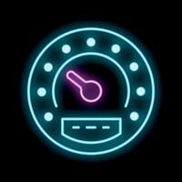 Neon icon of speedometer showing increasing speed on black background vector