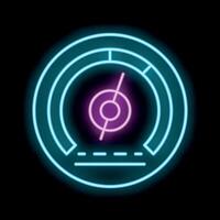 Neon icon of speedometer showing maximum speed level vector
