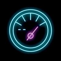 Neon icon of speedometer showing increasing speed on black background vector