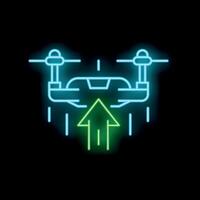 Neon green drone taking off with up arrow on black background vector