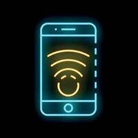 Neon smartphone showing wifi icon and happy emoji on screen vector