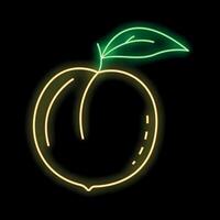 Neon sign representing a peach with a leaf on black background vector