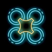 Neon sign representing drone with rotating propellers on black background vector