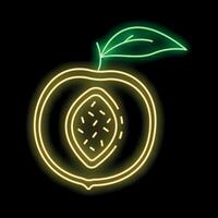 Bright neon sign is depicting a sliced peach with a pit and leaf vector