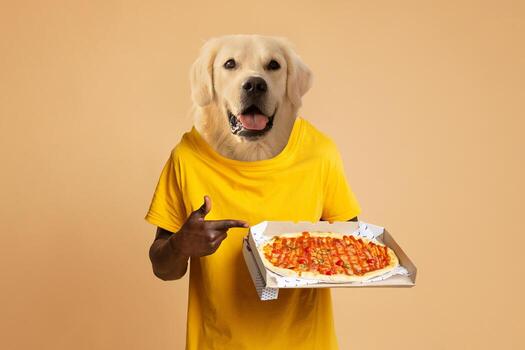 A person in a bright yellow shirt holds a rectangular pizza topped with various ingredients while playfully pointing at it. The subject has the head of a golden retriever, creating a humorous contrast photo