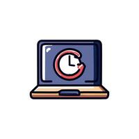 Laptop with clock icon. Working time management symbol illustration. vector