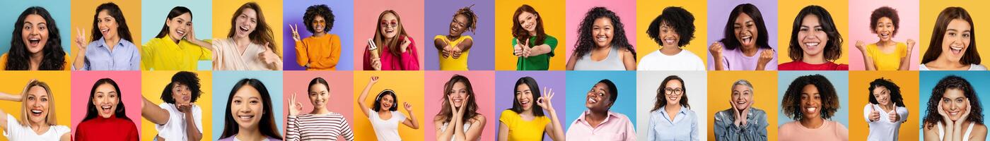 A lengthy panoramic banner that showcases a row of cheerful individuals women from diverse backgrounds photo