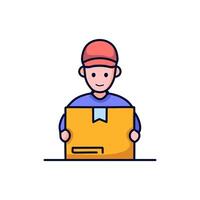 Delivery man with box, line style icon illustration design. Courier symbol. vector