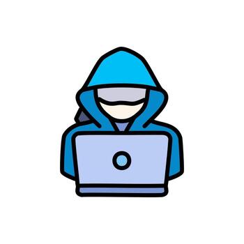 Hacker with laptop flat color icon. illustration on white background. vector